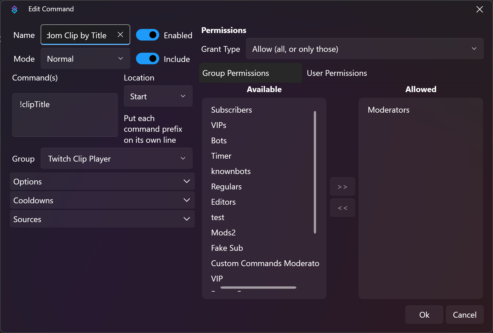 Command permissions for random clip by title command